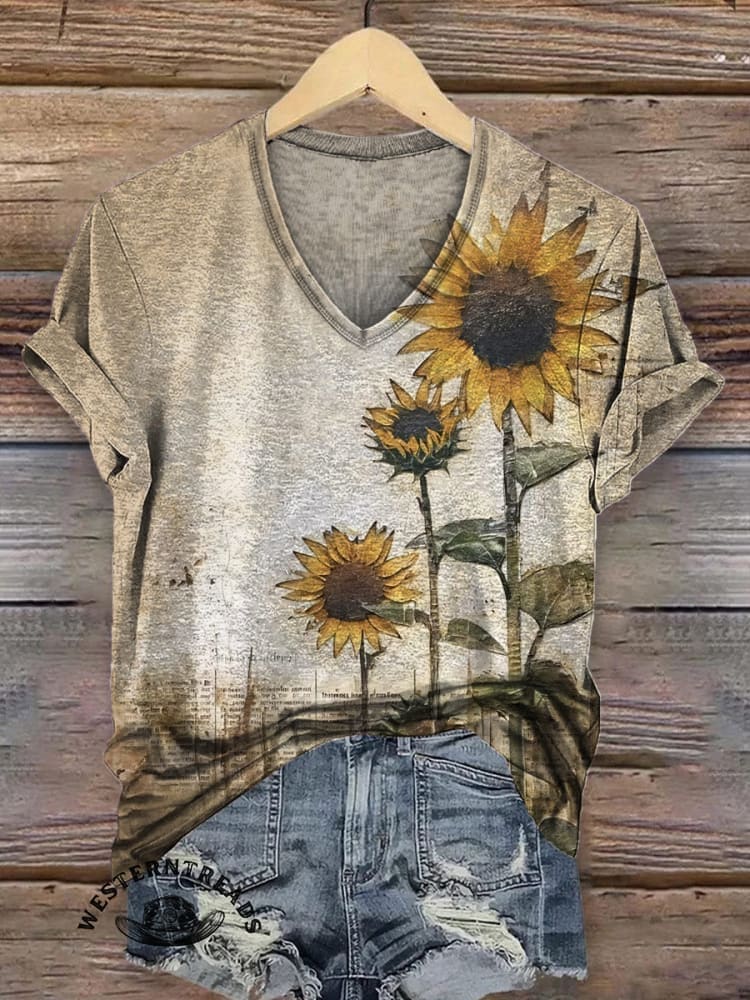 Retro Sunflower Pattern Print T-shirt - Image 2