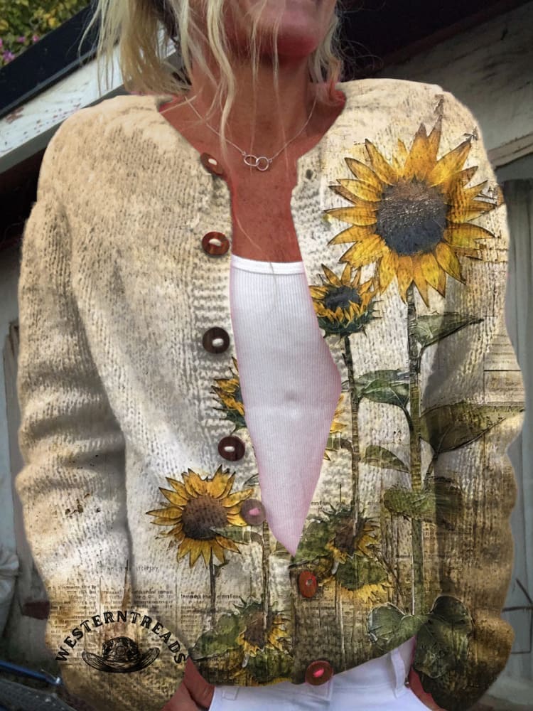 Retro Sunflower Pattern Print T-shirt - Image 6