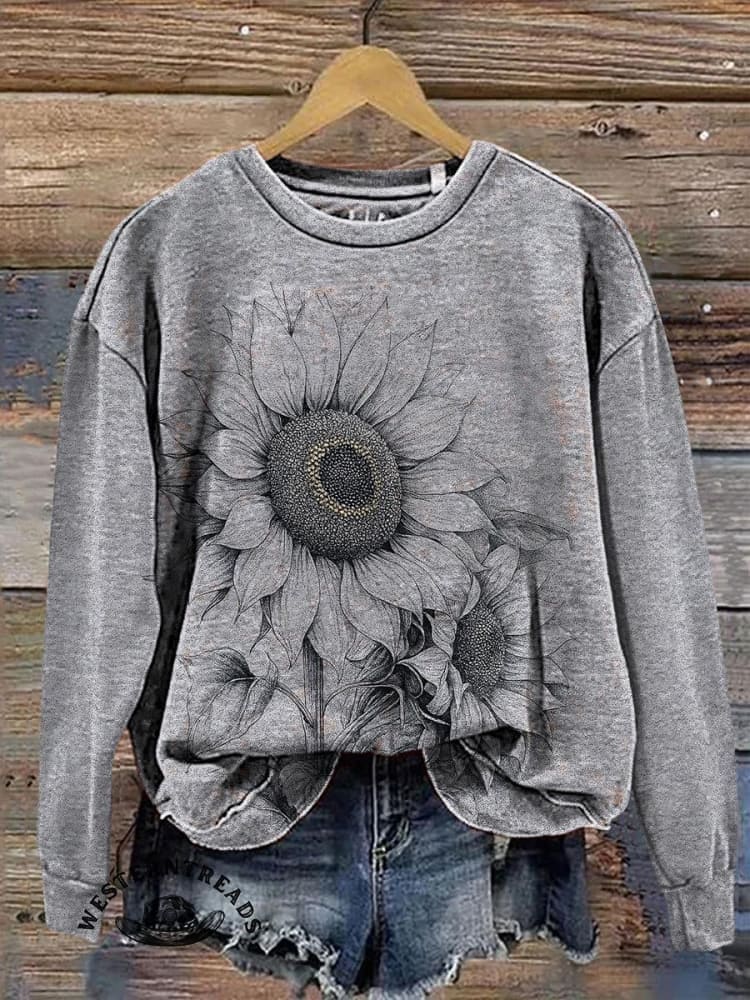 Retro Texture Sunflower Flower Print Casual T-shirt - Image 5
