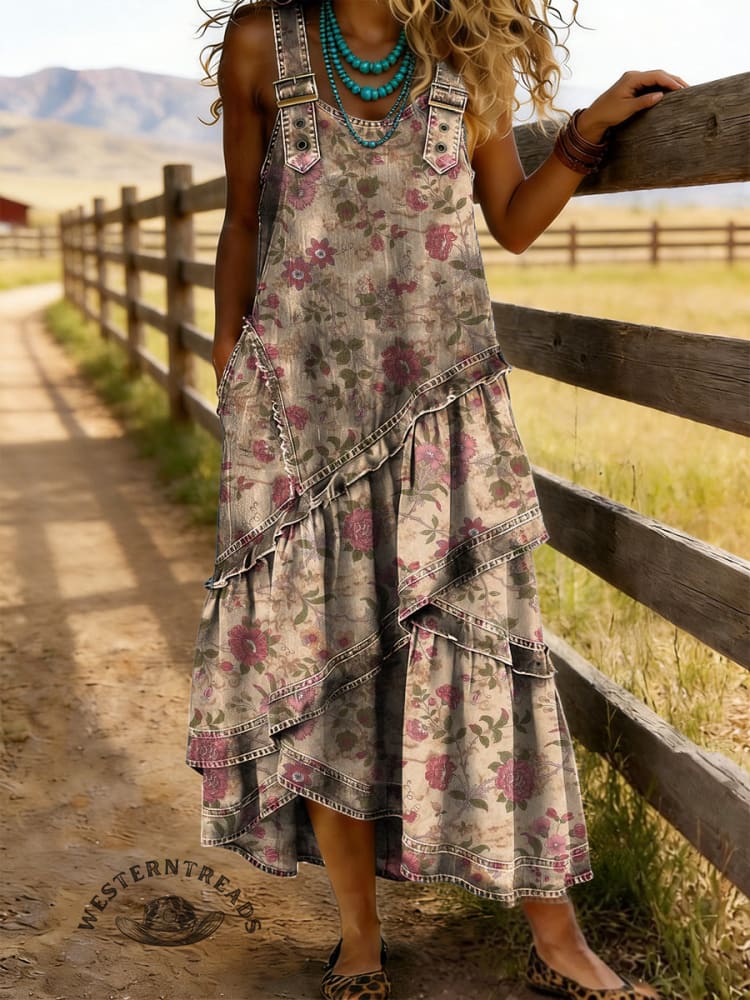 Retro Women's Floral Print Denim Patchwork Long Dress