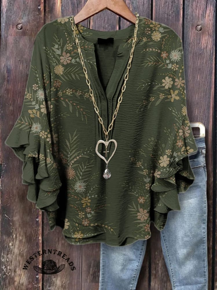 Simple Floral Art Print Casual V-Neck T-Shirt - Image 5