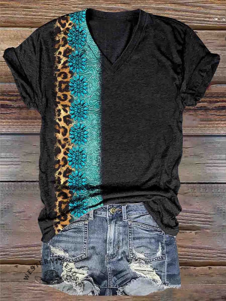 Simple Turquoise Leopard Print Round Neck T-Shirt - Image 2