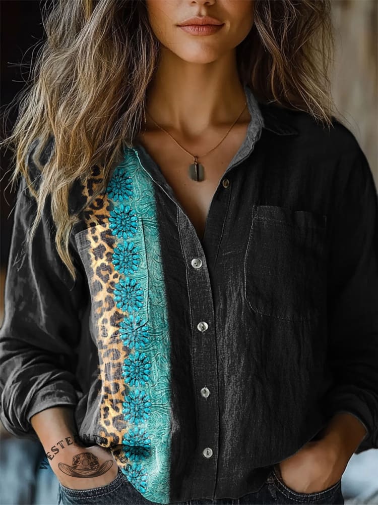 Simple Turquoise Leopard Print Round Neck T-Shirt - Image 3
