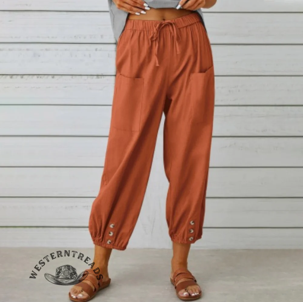 Solid Color Casual With Pocket Buttons Cotton Linen Trousers Pants - Image 14