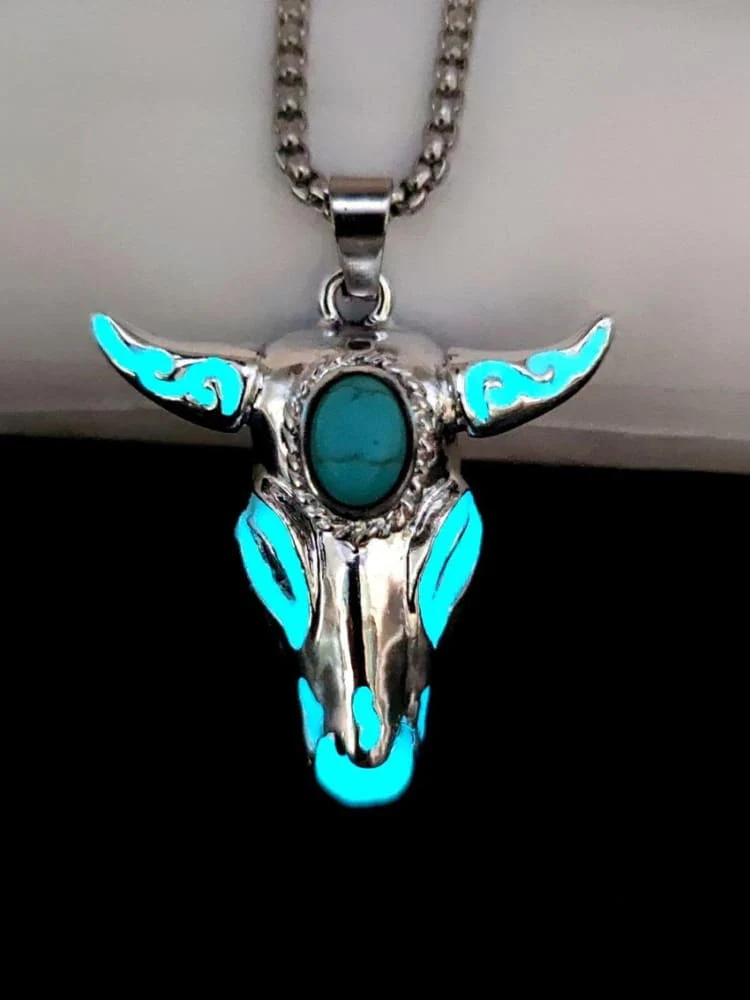 Turquoise Skull Bull Head Stainless Steel Glow Necklace - Image 5