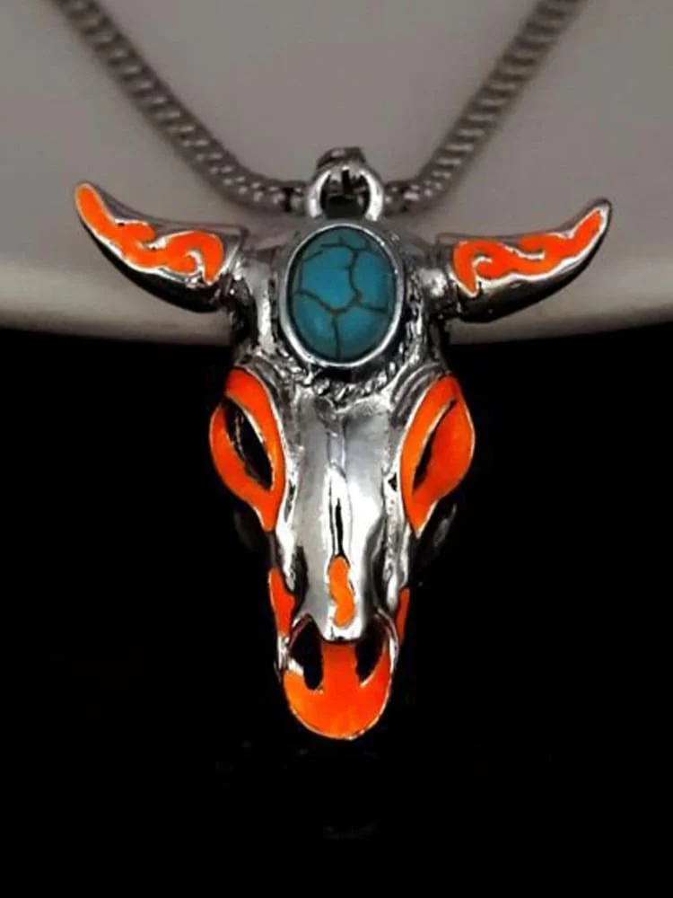 Turquoise Skull Bull Head Stainless Steel Glow Necklace - Image 6