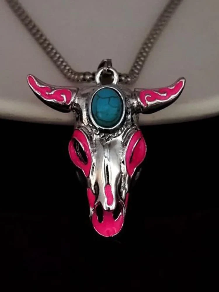 Turquoise Skull Bull Head Stainless Steel Glow Necklace - Image 7