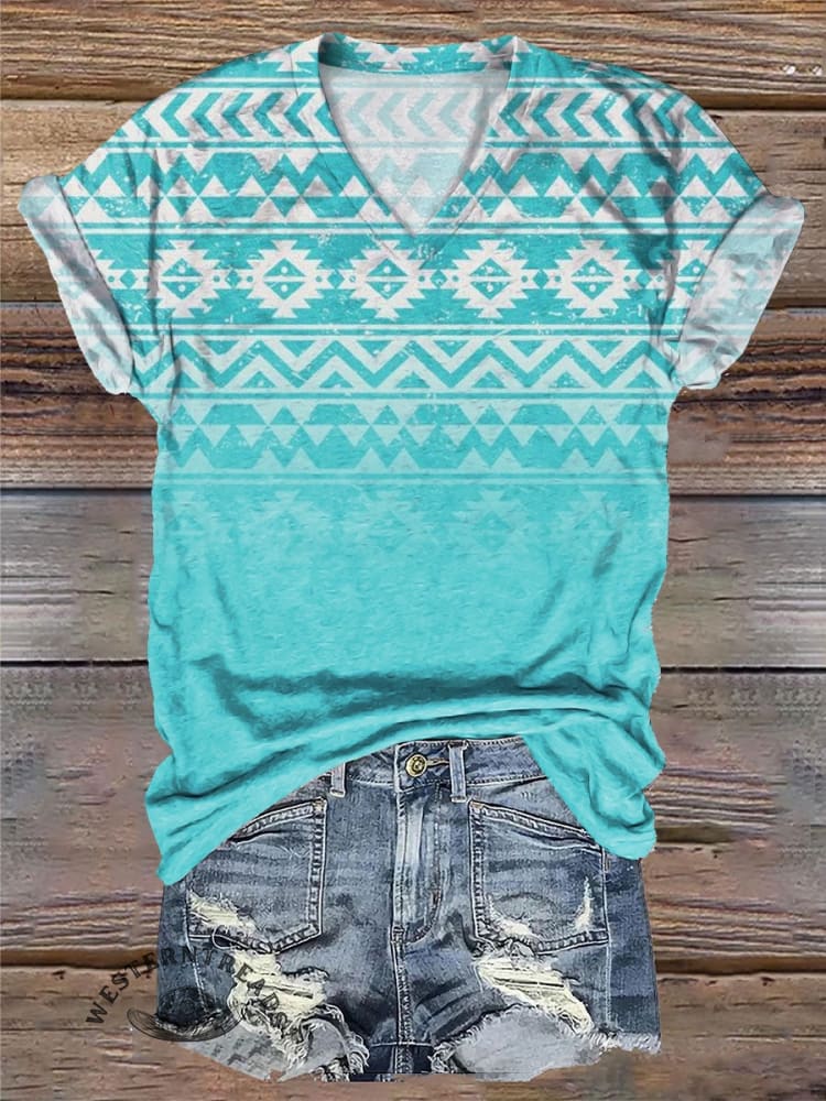 Turquoise Vintage Western Aztec Print T-shirt - Image 2