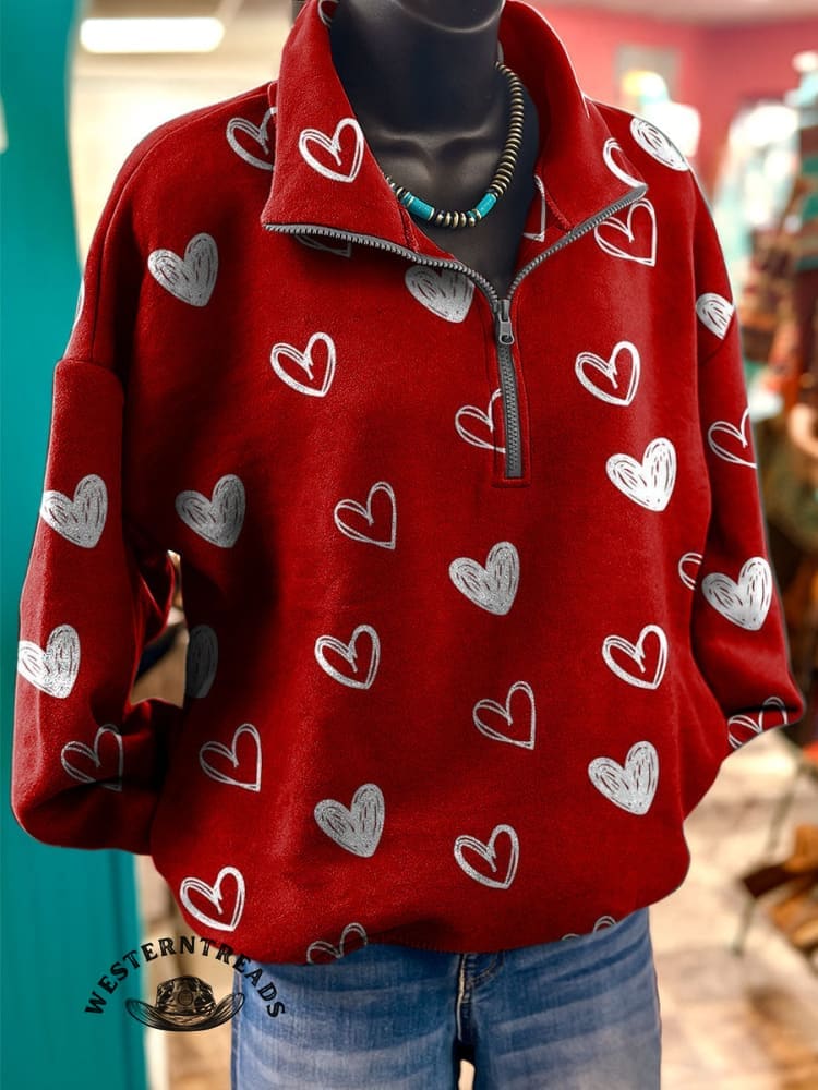 Valentine's Day Heart Pattern Casual Cotton Sweatshirt - Image 2