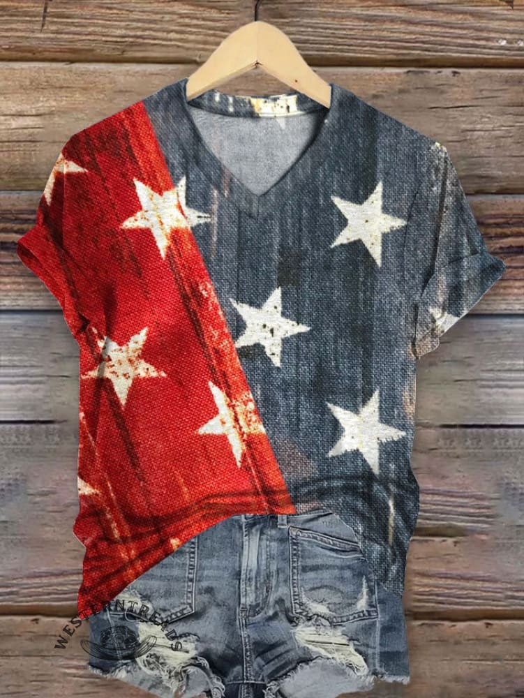 Vintage America Flag Art Print T-shirt - Image 2