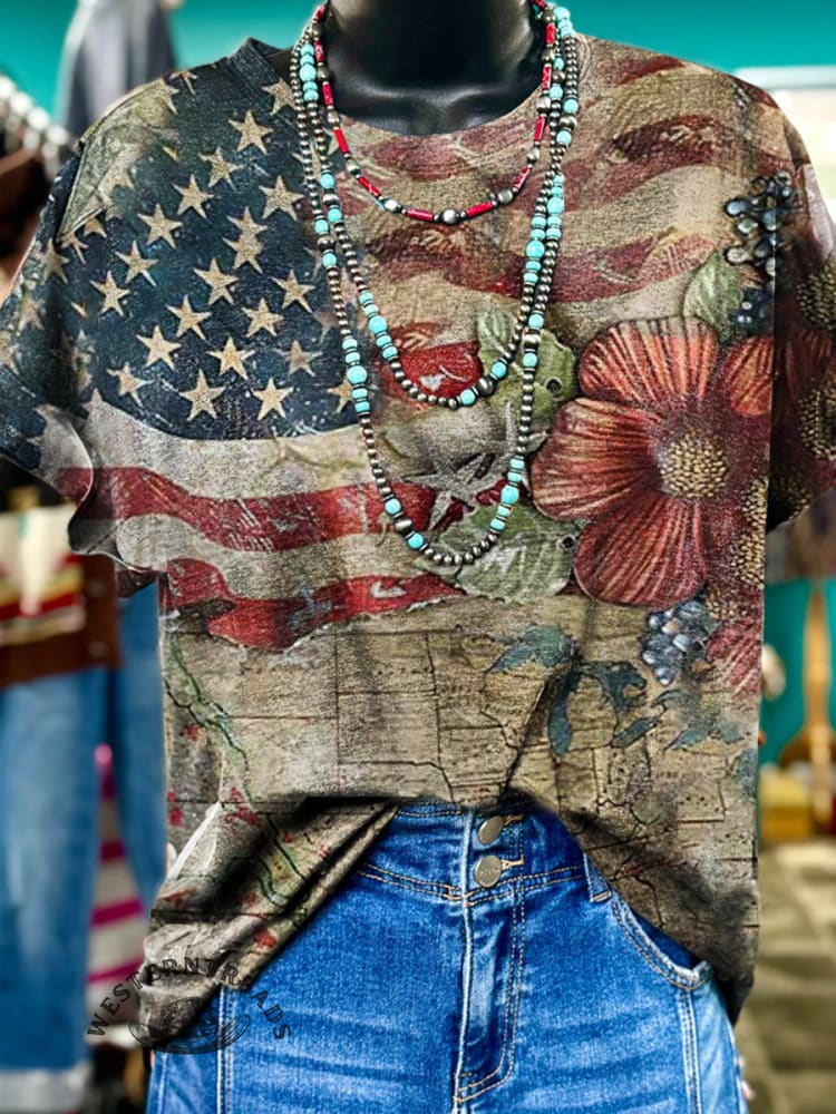 Vintage American Flag Floral Print Casual Crew Neck Short Sleeve T-Shirt