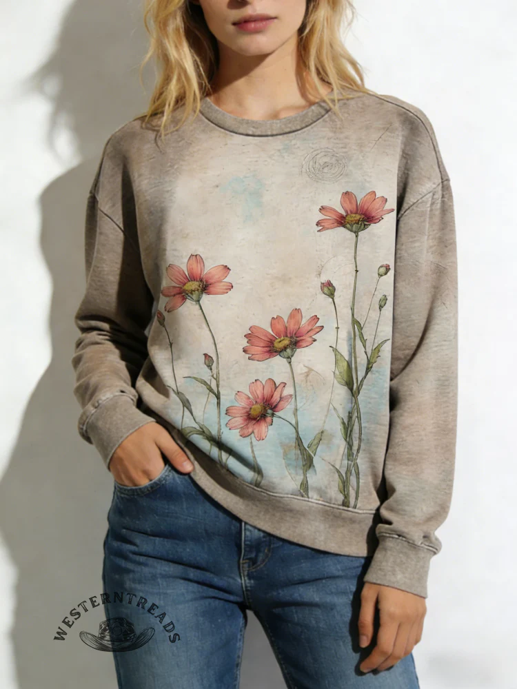 Vintage Art Flower Print Casual Cotton Sweatshirt - Image 2