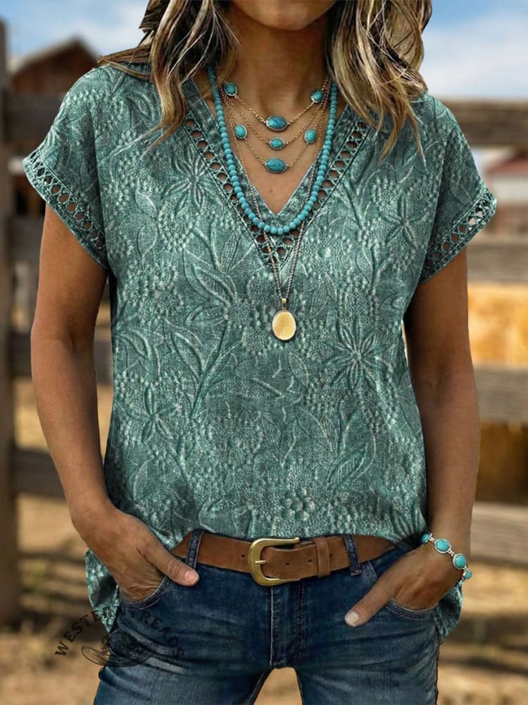 Vintage Art Hollowed Out Lace Patchwork Flowers Shirt