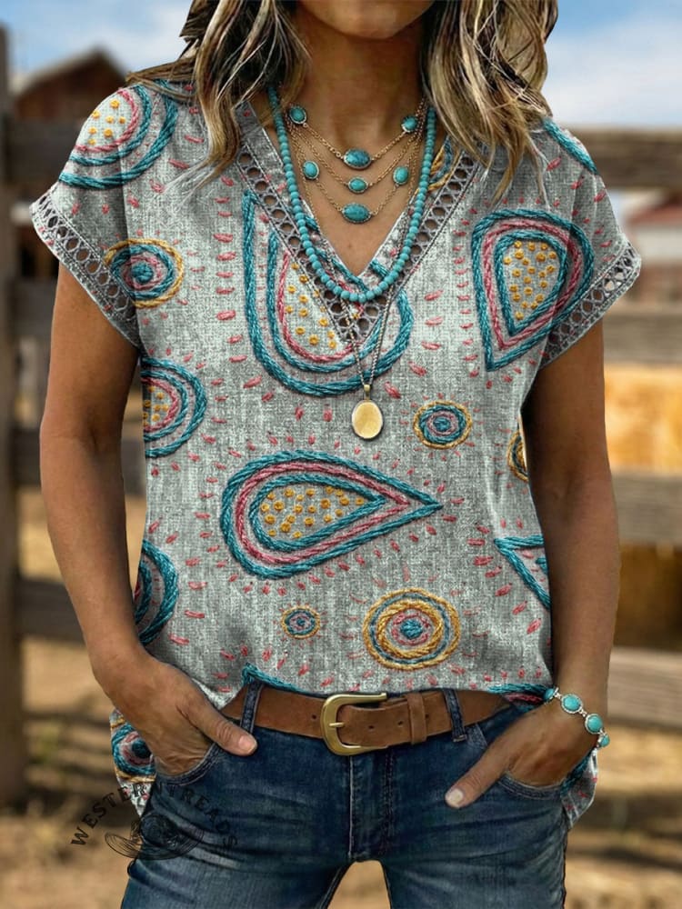 Vintage Art Hollowed Out Lace Patchwork Flowers Shirt