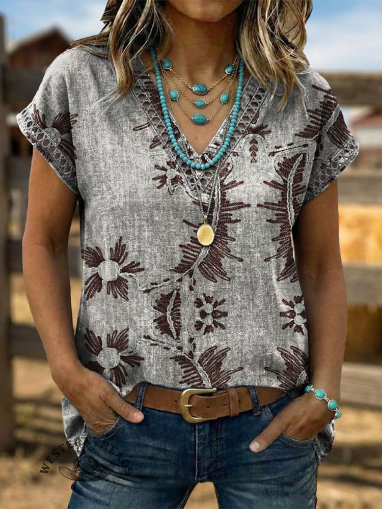 Vintage Art Hollowed Out Lace Patchwork Flowers Shirt