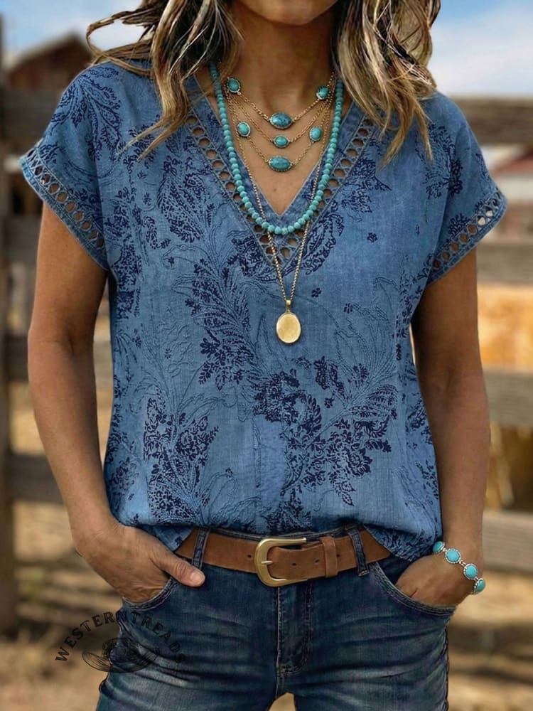 Vintage Art Hollowed Out Lace Patchwork Flowers Shirt - Image 2