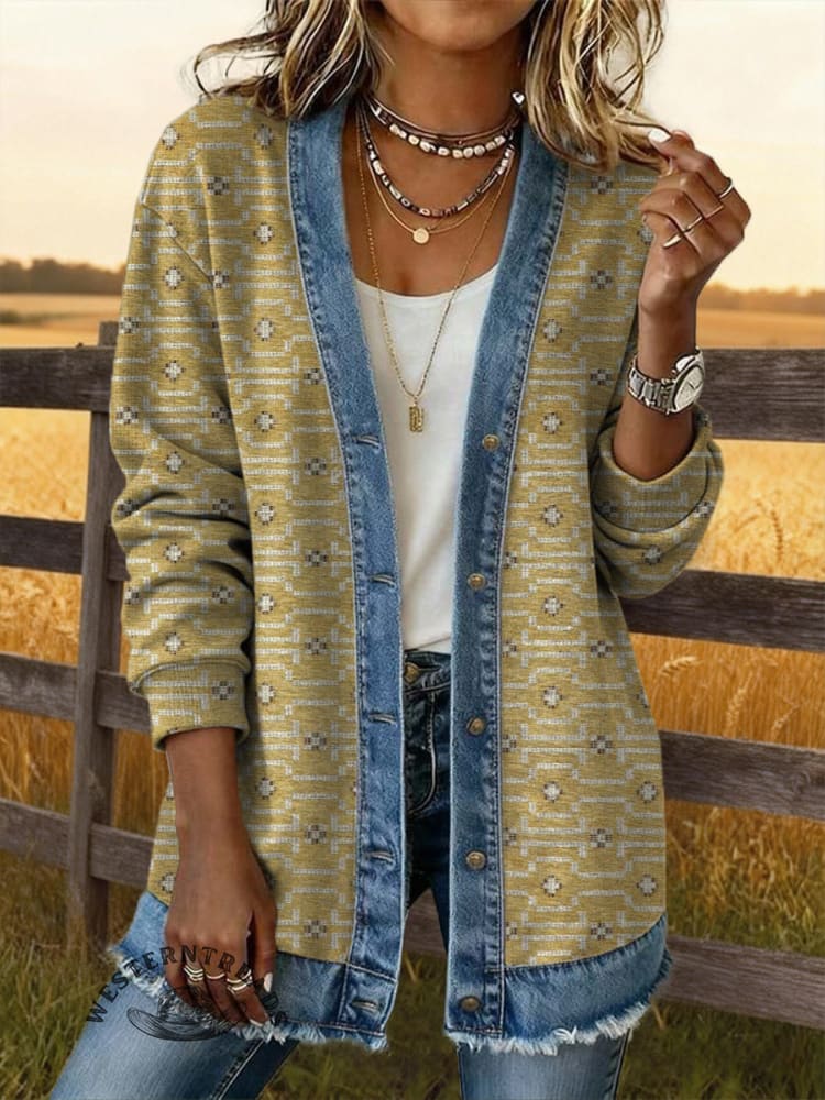 Vintage Art Print Casual Cotton Patchwork Denim Coat