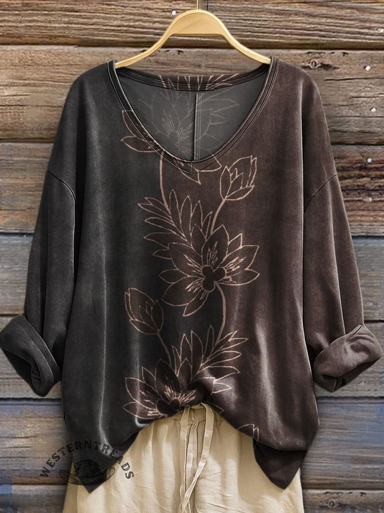 100% CottonšVintage Art Print Casual V-neck Long Sleeve T-shirt