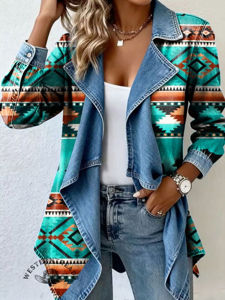 Vintage Art Print Patchwork Denim Coat