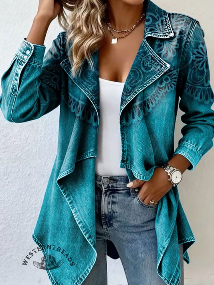 Vintage Art Print Patchwork Denim Coat