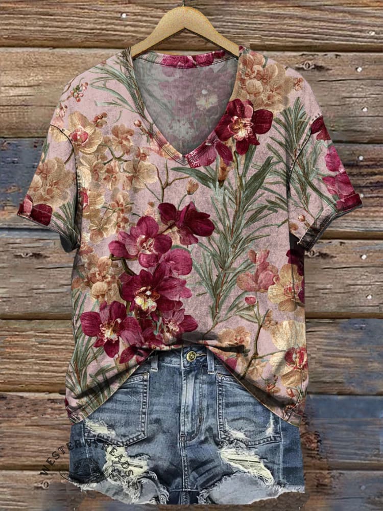 Vintage Art Print V Neck T-shirt