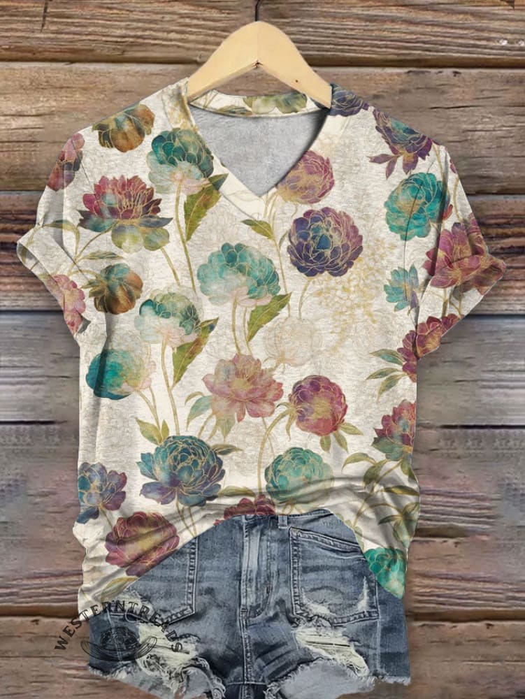Vintage Art Print V Neck T-shirt