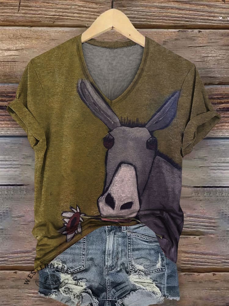 Vintage Art Prints V-neck Casual T-Shirt