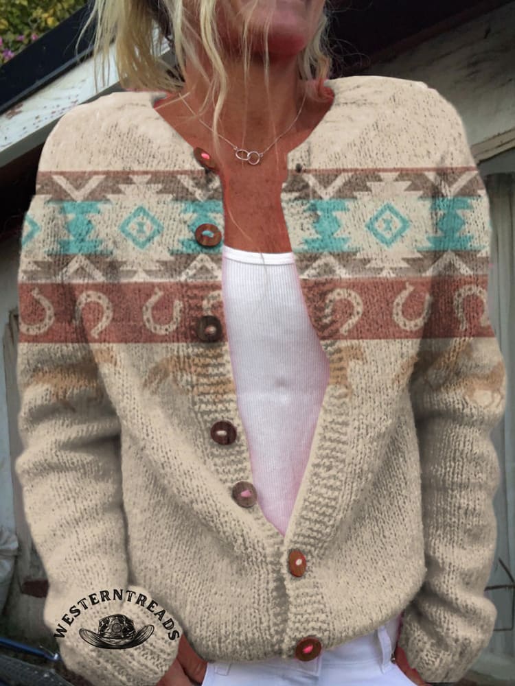 Vintage Aztec and Horse Print Buttoned Cardigan Sweater