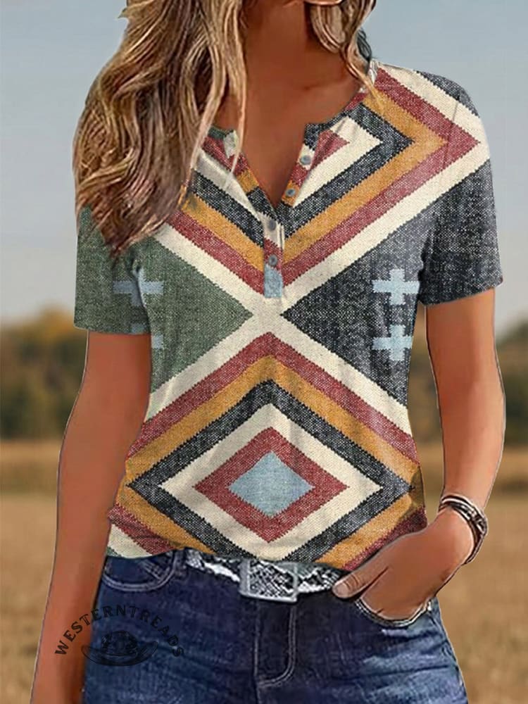 Vintage Aztec Art Print Casaul Short Sleeve T-shirt