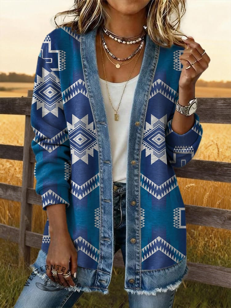 Vintage Aztec Art Print Casual Cotton Patchwork Denim Coat