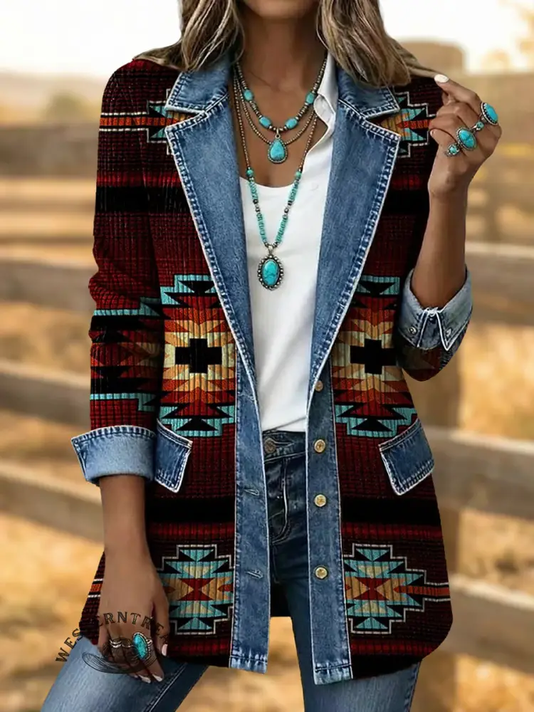 Vintage Aztec Art Print Patchwork Denim Coat