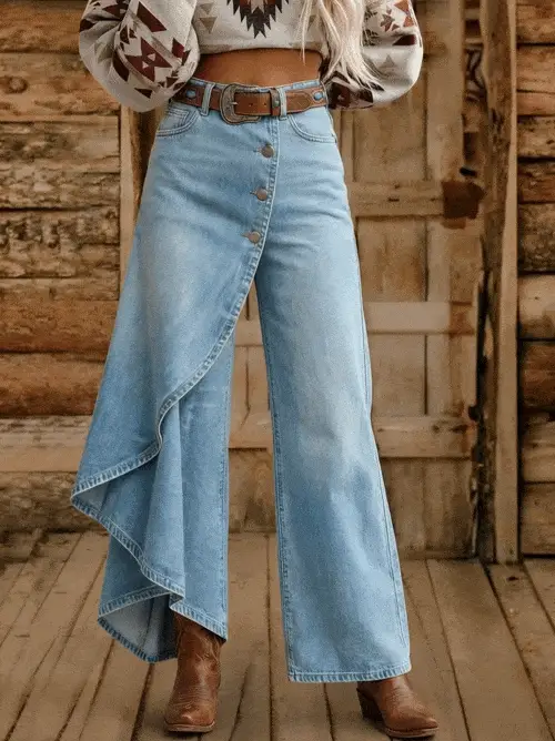 Retro Asymmetric Button-Front Western High-Waisted Denim Jeans - Image 2