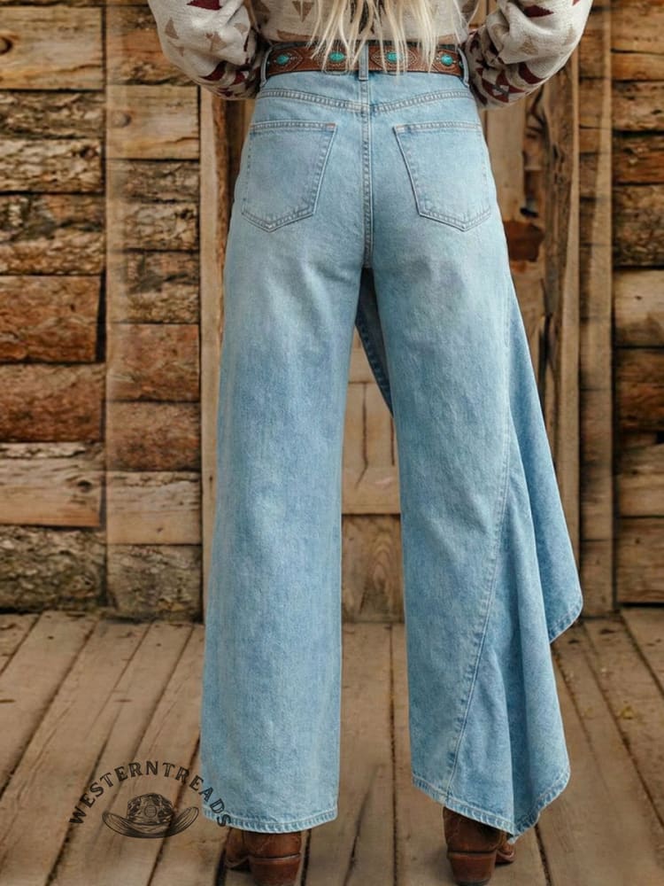 Retro Asymmetric Button-Front Western High-Waisted Denim Jeans - Image 3