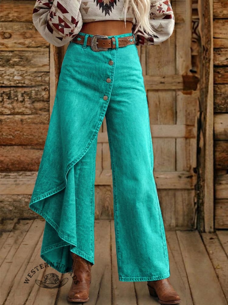 Retro Asymmetric Button-Front Western High-Waisted Denim Jeans - Image 4