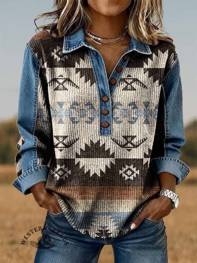 Vintage Aztec Contrast Print Patchwork Denim Knit Pullover Sweater