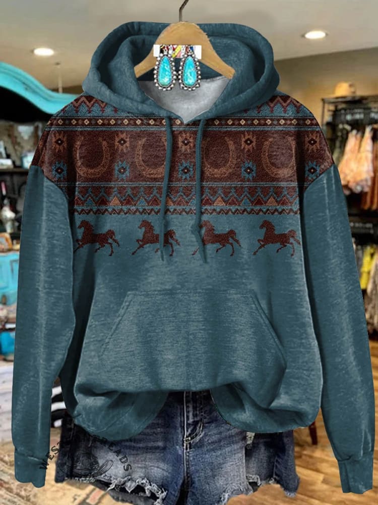 š„Limited Time Discountš„Vintage Aztec Horse Art Print Casual Hoodie Sweatshirt