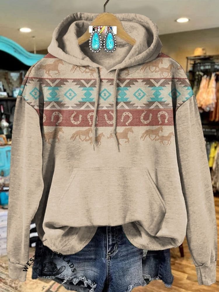 š„Limited Time Discountš„Vintage Aztec Horse Art Print Casual Hoodie Sweatshirt - Image 3