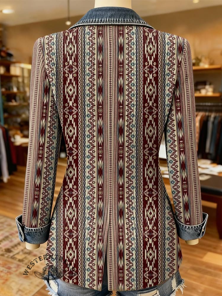 Vintage Aztec Print Patchwork Denim Sweater Cardigan Coat - Image 2