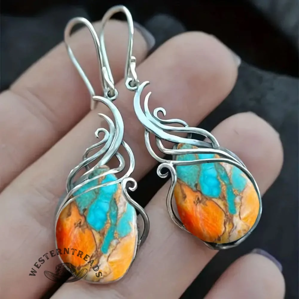 Vintage Bohemian Women's Turquoise Pattern Hollow Teardrop Earrings
