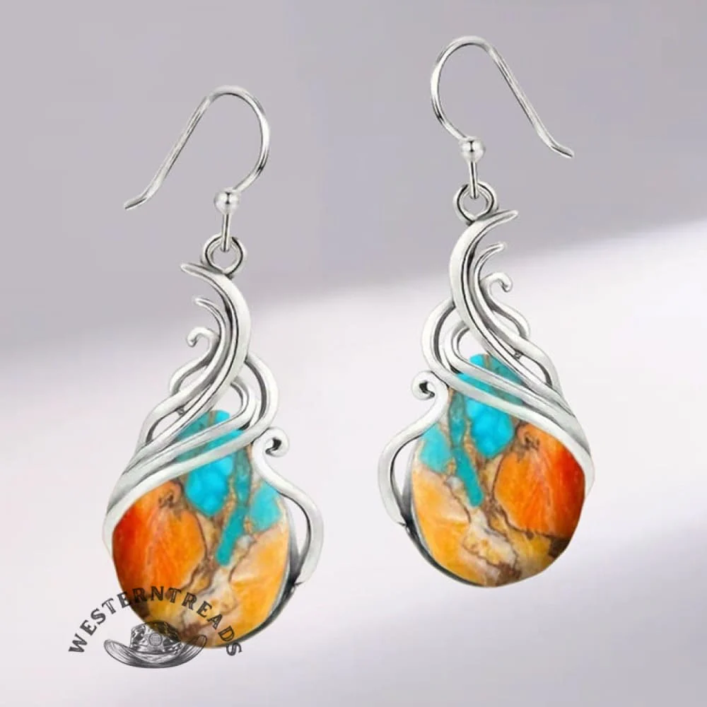 Vintage Bohemian Women's Turquoise Pattern Hollow Teardrop Earrings - Image 2
