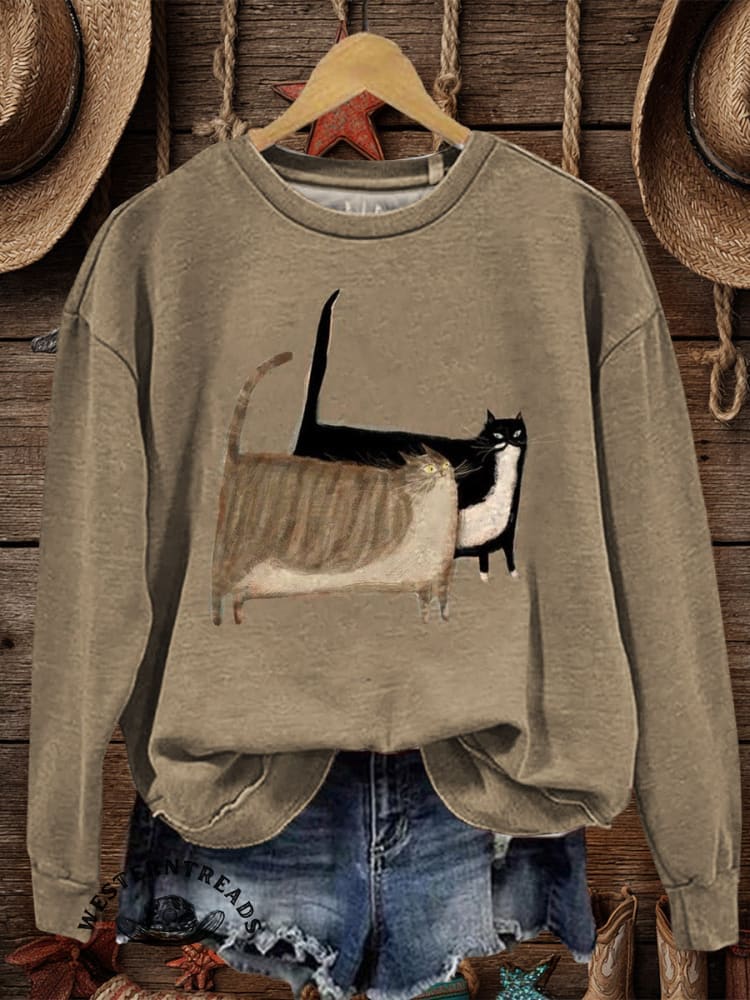 Vintage Cat Art Print Casual Cotton Sweatshirt