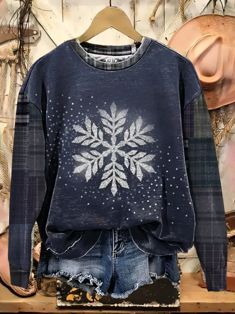 Vintage Christmas Snow Print Casual Cotton Sweatshirt