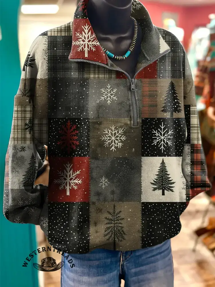 Vintage Christmas Tree Print Casual Cotton Sweatshirt - Image 2