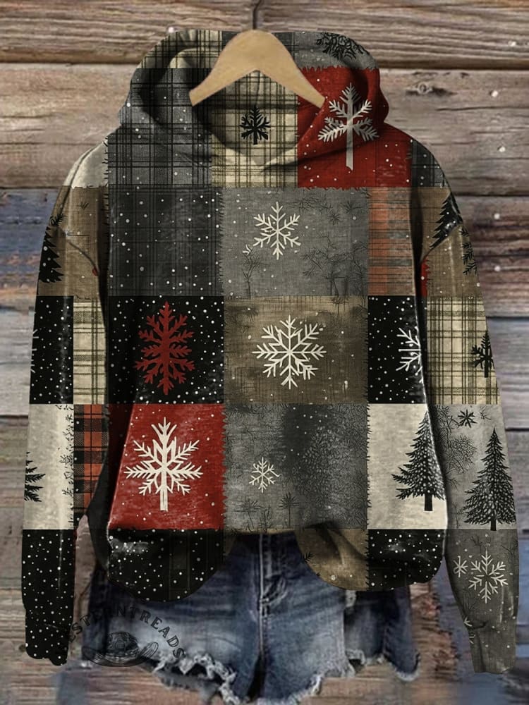 Vintage Christmas Tree Print Casual Cotton Sweatshirt - Image 3