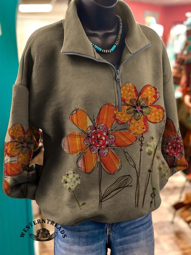 Vintage Classic Simple Flower Art Print Casual Cotton Sweatshirt - Image 2