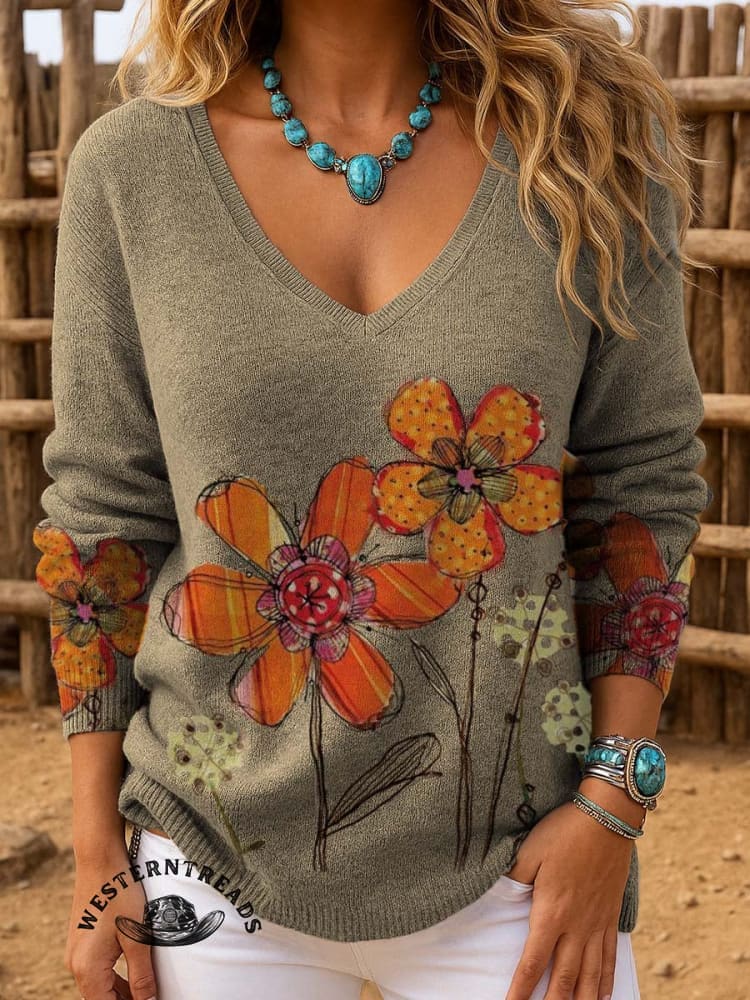 Vintage Classic Simple Flower Art Print Casual Cotton Sweatshirt - Image 4