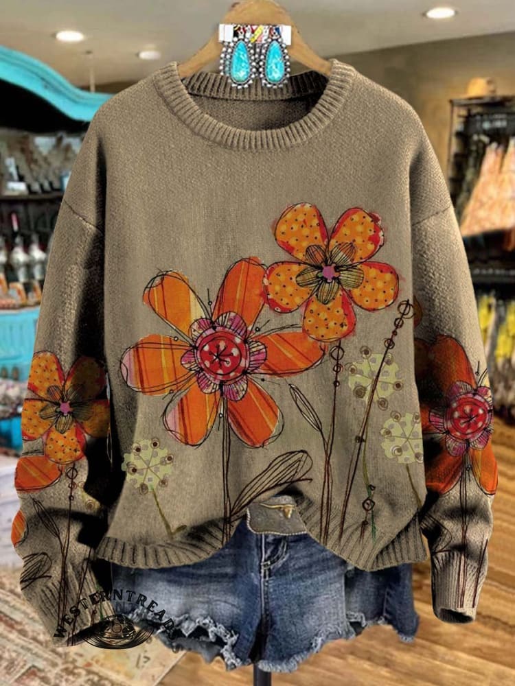 Vintage Classic Simple Flower Art Print Casual Cotton Sweatshirt - Image 5