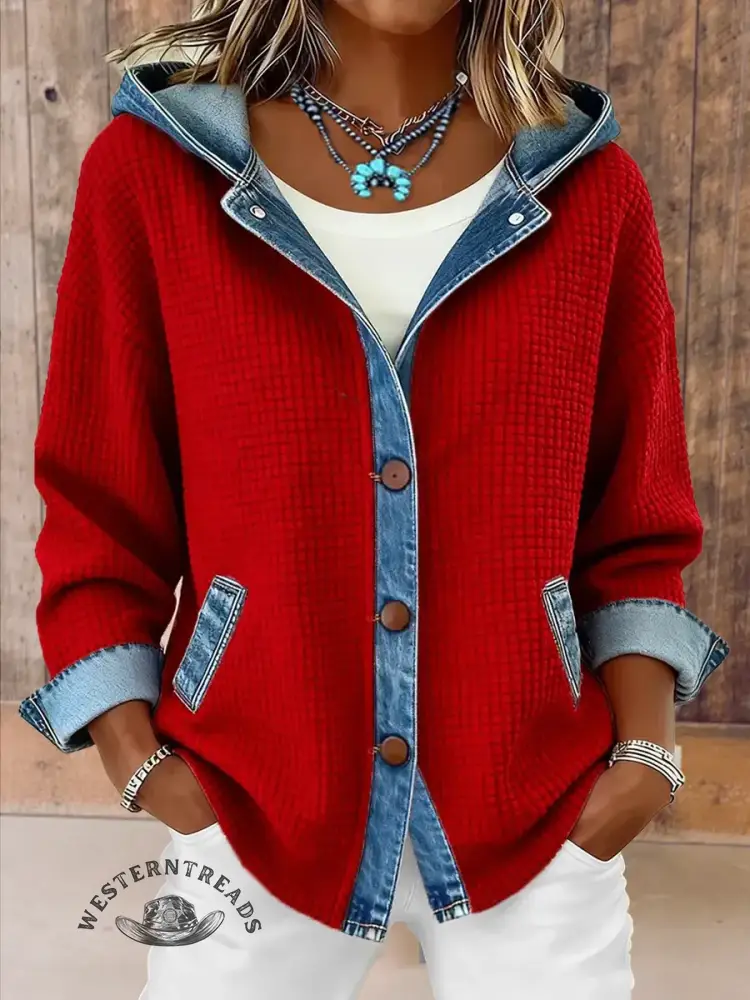 Vintage Contrast Denim Hooded Patchwork Jacket