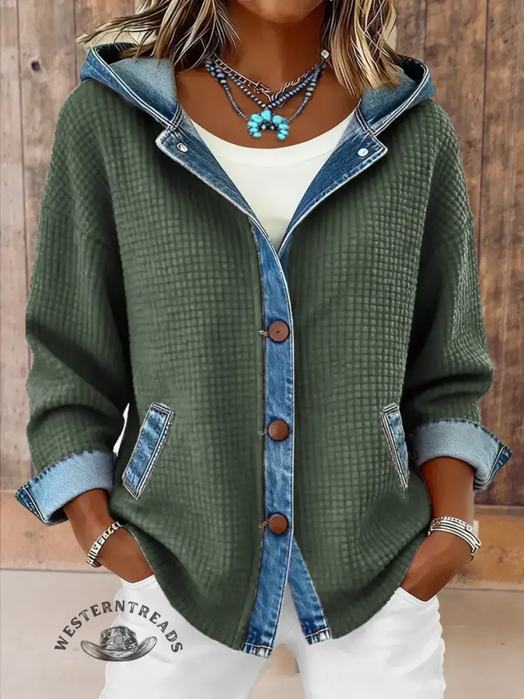 Vintage Contrast Denim Hooded Patchwork Jacket - Image 2
