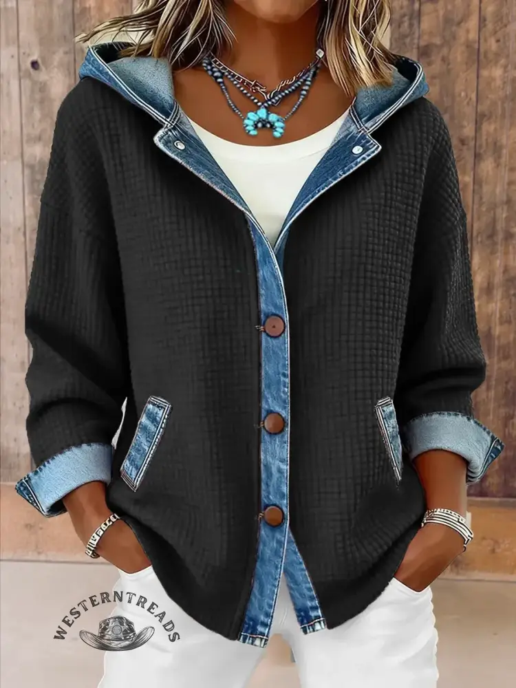 Vintage Contrast Denim Hooded Patchwork Jacket - Image 3